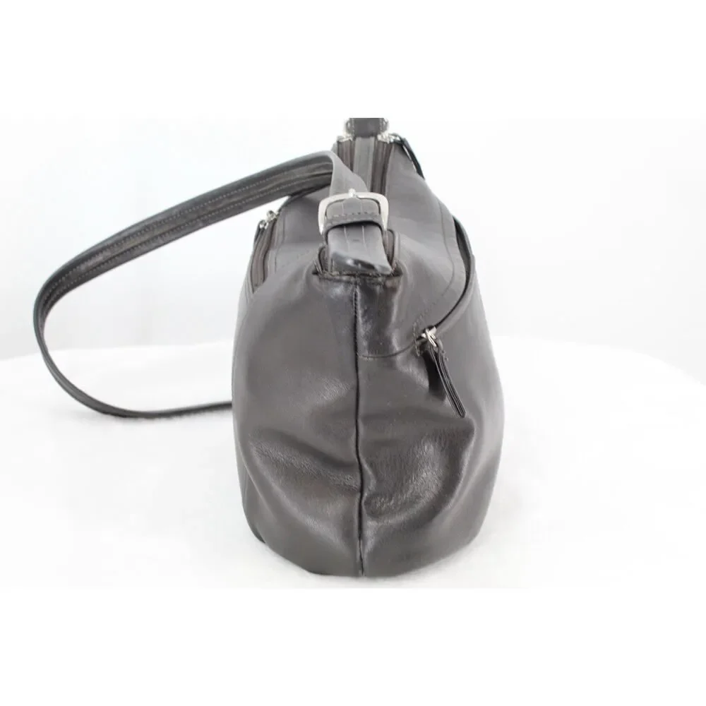 Tignanello Black Leather Shoulder Bag Double Zip Top Crossbody Purse Silver